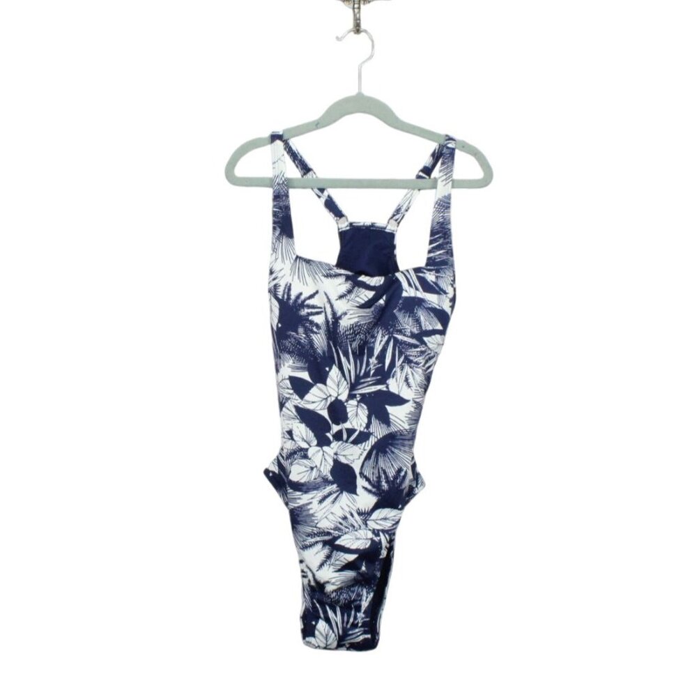 LL Bean New Currents Swimwear Squareneck Tanksuit Navy Palm Print Size 6